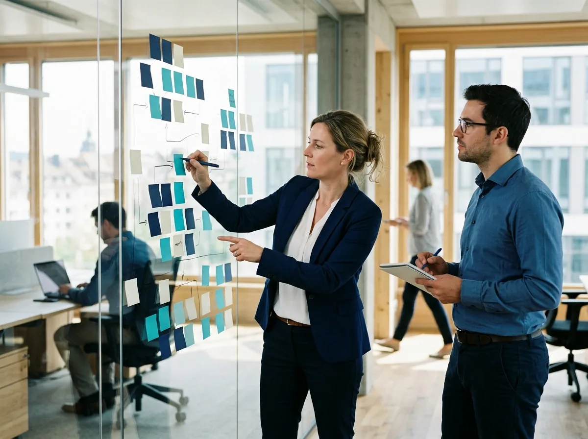 Two people mapping IT service management processes with sticky notes on a glass wall