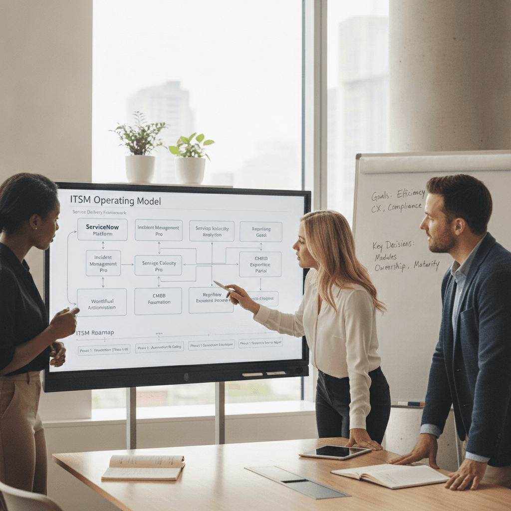 ServiceNow ITSM strategy roadmap connecting workflows, governance, automation and reporting