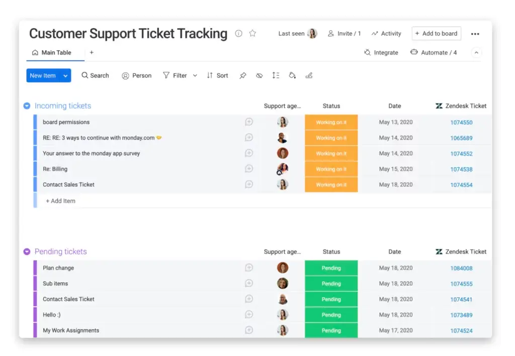 tableau ticket client gestion monday smc consulting